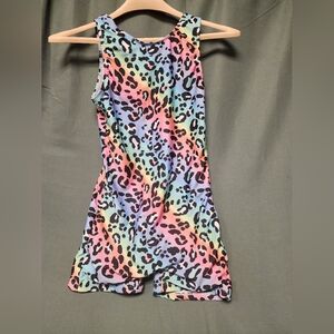 Girl's Rainbow Colored One Piece Leotard with Leopard Print, Size 14/16